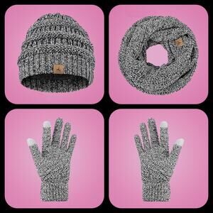 Ladies Black & White Warm Fleece Knit Winter Hat, Scarf & Touch Screen Glove Set
